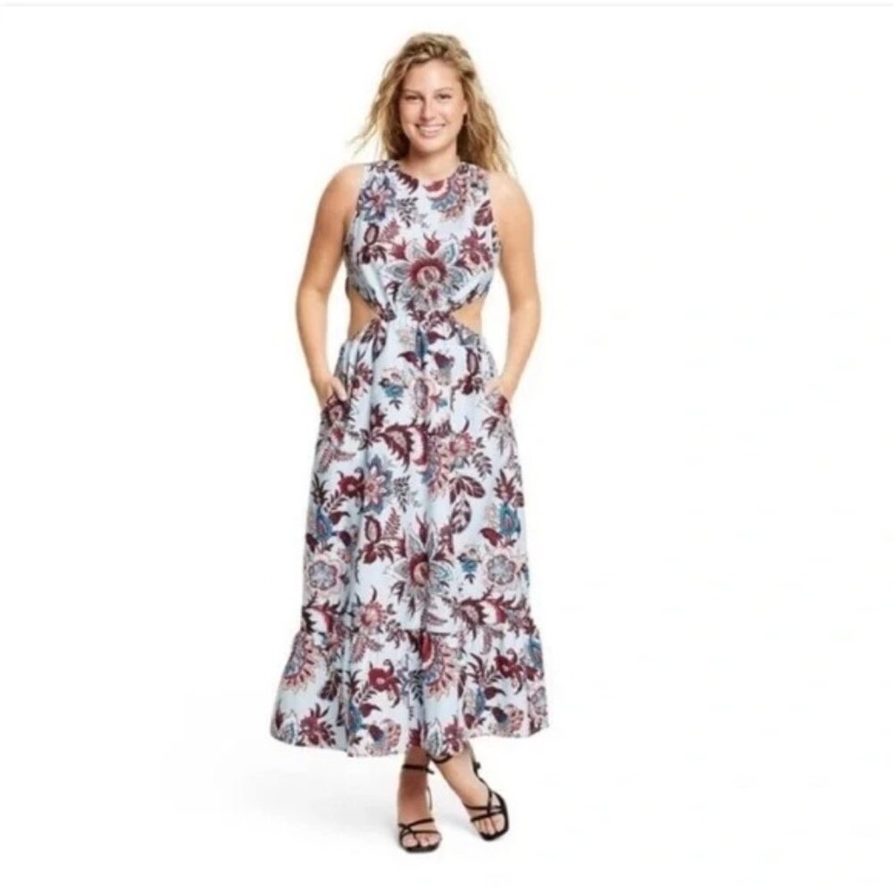 RHODE Light Blue Floral Cutout Maxi Dress with Burgundy and Teal Accents